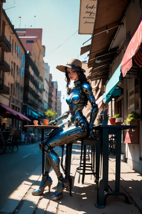 Girl-robot sitting at a table in a sidewalk cafe, best quality, high quality, absurdres, masterpiece, beautiful, intricate details, 1/2 body crop, slim body, beautiful figure, magnificent anatomy, (intricate details:1.12), HDR, (intricate details, hyper-de...