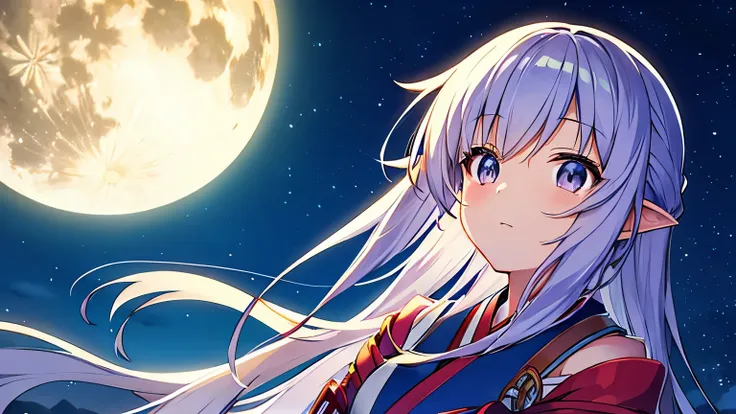 bright moonlit night　japanese anime style　quiet night　forest　girl looking up at the sky