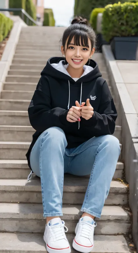 highest quality, Realistic, Very detailed, Finer details, High resolution, 8k wallpaper, One beautiful woman,Sit on the stairs、（Putting on socks）smile、（Beautiful teeth alignment、）（Gums are visible） Oversized hoodie, Black skinny jeans, sneakers、Black Hair、...