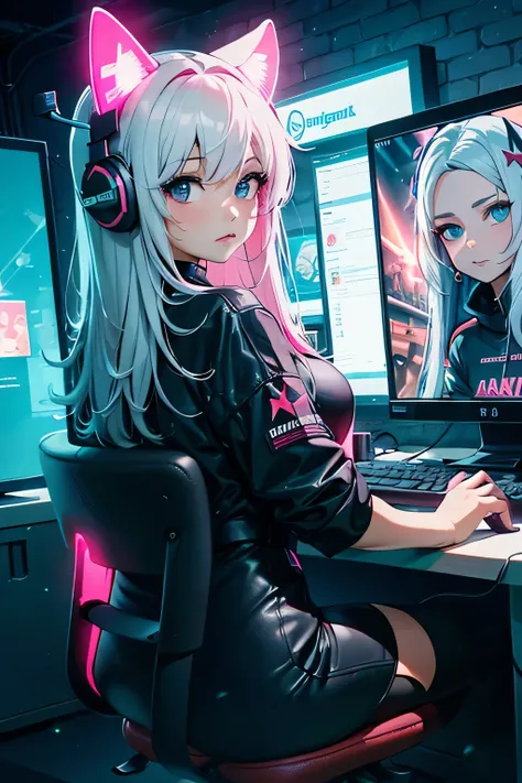 Highest image quality, outstanding details, ultra-high resolution, the best illustration, favor details, highly condensed,Gamer girl, games, the girl is playing game party, the girl is gaming shooting game in a computer, 1girl with long white hairs , ,the ...