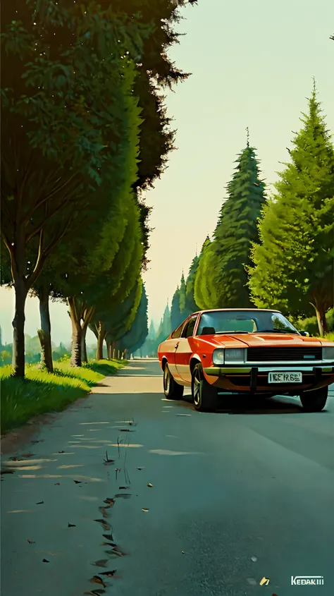 painting of a red car parked on a dirt road near a tree, kentaro miura art, in style of kentaro miura, beautiful retro art, glen orbik, inspired by Kentaro Miura, by Trevor Brown, ghibli vibe, by Kentaro Miura, kentaro miura style, laurent durieux, kentaro...