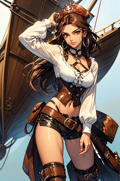 (masterpiece), best quality, expressive eyes, perfect face, (pirate ship background), (standing), (smirk), (closeup view), (1girl, vanessa alessia, dark skin, tanned skin, brown hair, wavy hairstyle, brown eyes, hourglass figure, thin body, skinny body, pe...