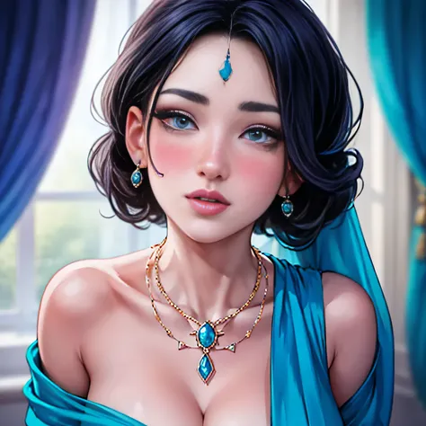 Amazing portrait of a sexy woman with a beautiful face and an elegant hairdo wearing a blue sari and a sapphire necklace having pale skin and light eyes and shes blushing and has an amazing body with an hourglass figure and her hands resting on her hips ha...