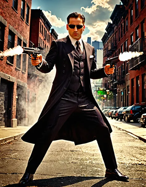 (better lighting, alto contraste, Sharp details), (a person:1.2+male) gangster, Traje negro y corbata, Camisa blanca, pantalones negros, zapatos negros pulidos, de pie, dynamic action pose, sosteniendo dos pistolas, Beretta 92, fogonazo, casquillos de bala...