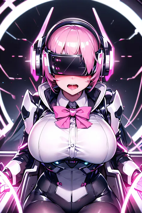 anime cyborg girl sitting in a pilot seat wearing a virtual reality headset covering her eyes on her face with machinery and tub...