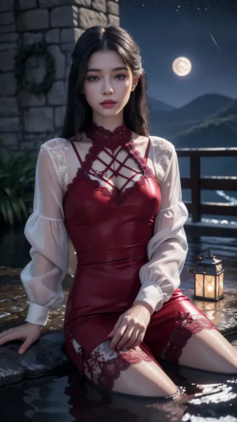 8K, ultra hd, masterpiece, 1 girl, ((18 years old girl)), good face, very long hair, detailed eyes, detailed lips, small breasts, wet clothing, red clothing, ((criss-cross lace)), sardine, ornament, jewellery, antique jewellery, loops, straps, dim lighting...