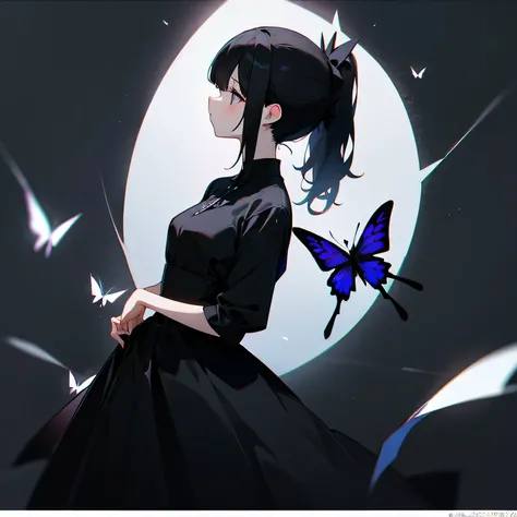 girl、Black Hair、ponytail、Black Dress、Black butterfly、Dark Background