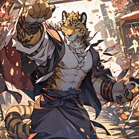 (best quality,realistic:1.37),A boy with a joyful expression and a fit body, dressed in a yukata and a loincloth, holding a folding fan, playing at a festival with a golden leopard with golden fur, looking towards the screen.