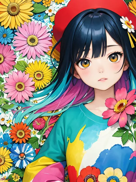 Takashi Murakami style、8K Quality、Intense watercolor, Detailed watercolor art, Watercolor splash, Surreal, avant-garde pop art, Beautiful and expressive paintings, Beautiful artwork illustration, Very colorful tones, wonderful, Cool beauty, highest quality...