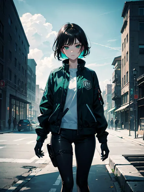 (masterpiece, highest quality, Ultra-high resolution),One girl,short hair,Black Hair,Jacket,(multicolor Jacket green and black),Looking at the audience,Focus on the girl,Cloudy,Beautiful and elaborate face, Fine grain,Gray and black theme