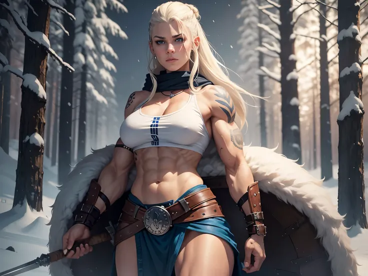 Solo female Viking, muscular, fit, wearing brown furs and skins, blue Norwegian tattoos, blue eyes, platinum blonde hair colour, dreadlocks, scared, side shaved head, warrior hair, setting: Scandinavian forest in winter..., snow, bare arms, unprotected nav...