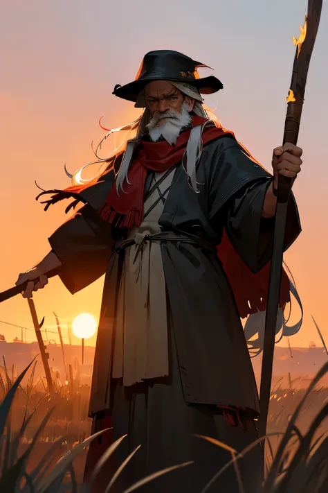 Old man, viking clothes, worn down clothes, unkempt hair, long beard. grass fields, hair covering side of face, black brimmed hat, sunset, flaming torch, holding up torch, standing, flaming staff, Cappello romano, sunset, giving red scarf to viewer