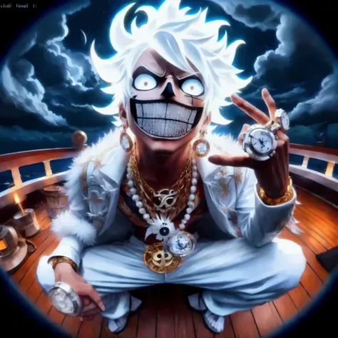 anime character sitting on a boat with a clock in his hand, from one piece, inspired by Eiichiro Oda, joker looks like naruto, sanji, king of pirates, a silver haired mad, one piece artstyle, killua zoldyck made of jewlery, anime wallaper, joker as naruto,...