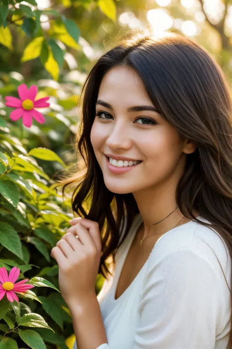 (best quality,highres),beautiful 30-year-old slender girl with a shy smile and beautiful green eyes, laughing and enjoying herself in a natural garden, surrounded by vibrant flowers and lush greenery. The girls gaze is captivating, drawing attention to her...