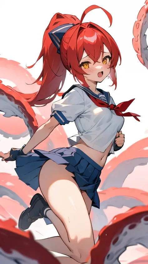 masterpiece, highest quality,  Poor breasts、crimson hair、ponytail、Glowing yellow eyes、Bangs between the eyes、Sexy pose、Pant voice、Lewd atmosphere、Ahoge, Short-sleeved sailor uniform、Pleated skirt,slender legs、8-year-old、Ecstatic expression、I love hold、Spur...