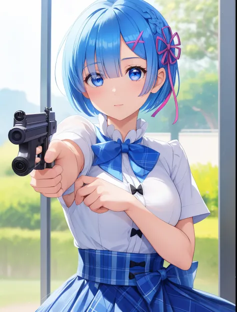 1girl, rem re zero,Short hair, Stand, holding a gun, aim to viewer,aim to viewer,blue hair, blue eyes,,White shirt, short sleeve shirt, blue plaid skirt, blue bow tie,close up photo,ultra detail, ultra hd