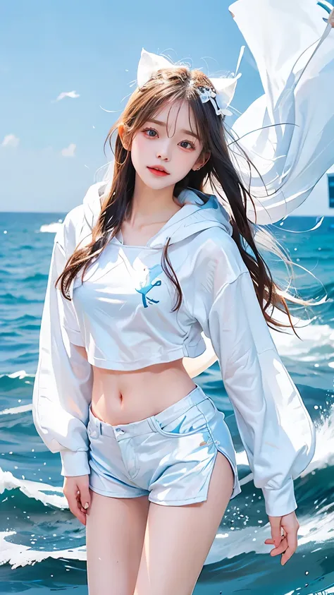 In the clear blue sea、Wearing a white hoodie fluttering in the wind、A woman wearing shorts、standing on the waves。Her hair is long、Shine white、Swaying in the waves。Red eyes