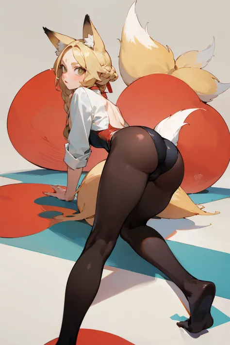 (masterpiece, best quality) detailed, Wearing black tights, Blonde ,elegant, (Fox ears)，Red Eyeshadow, ，Chinese element pattern，thigh，漏出thigh，White shirt，Deep V one-piece swimsuit，bend over，butt