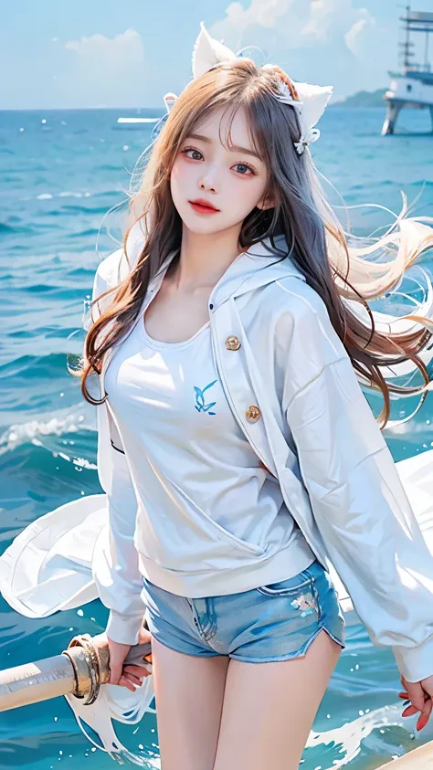 In the clear blue sea、Wearing a white hoodie fluttering in the wind、A woman wearing shorts、standing on the waves。Her hair is long、Shine white、Swaying in the waves。Red eyes