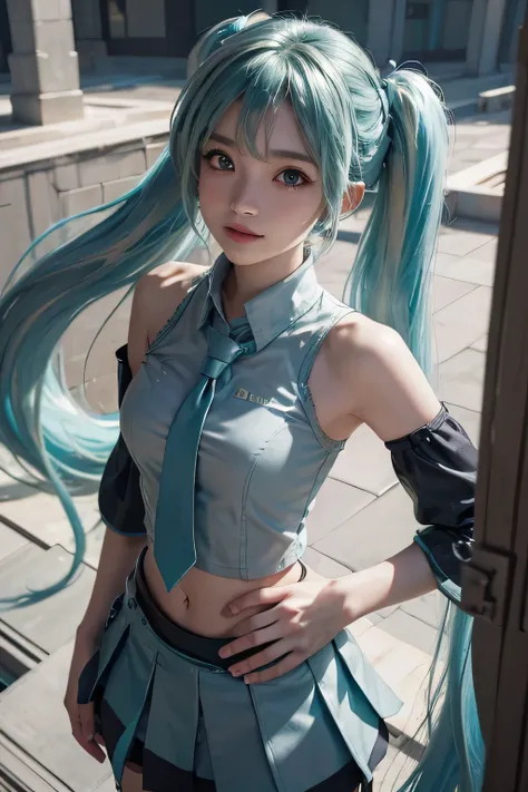 ((masterpiece)), ((sfw)), (best quality), (beautiful eyes), (from above), (blurry background), (depth of field), (outdoors), (rooftop), (backlighting), (sunlight), (Hatsune Miku), (twintails), ((aqua color hair)), ((bangs)), ((grey shirt)), ((detached slee...