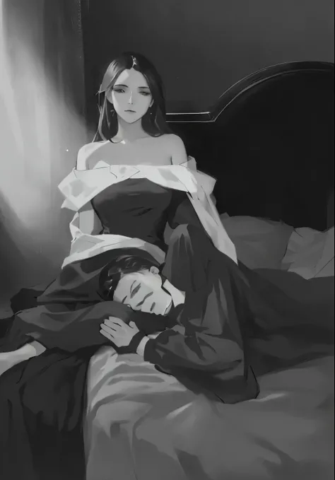 A woman in a black dress sits on the bed., Blurry and dreamy illustrations, He held her while she slept., Inspired by Romain Brooks, By Sergio Burzi, Drawn in neo-noir style., Drawn in noir style, แรงบันดาลใจจาก Vasily Perov, Inspired by Lajos Gulácsy, Ins...