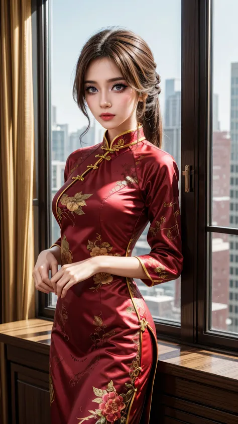 Illustration design, Exquisite Characters, Windows, surface, Brown hair, big eyes, Long cheongsam