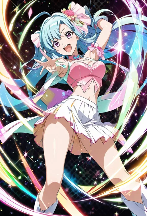 A high-quality hologram trading card depicting an anime-style girl, with glitter, mother-of-pearl, and a black background around the card, clear coloring, and colorful