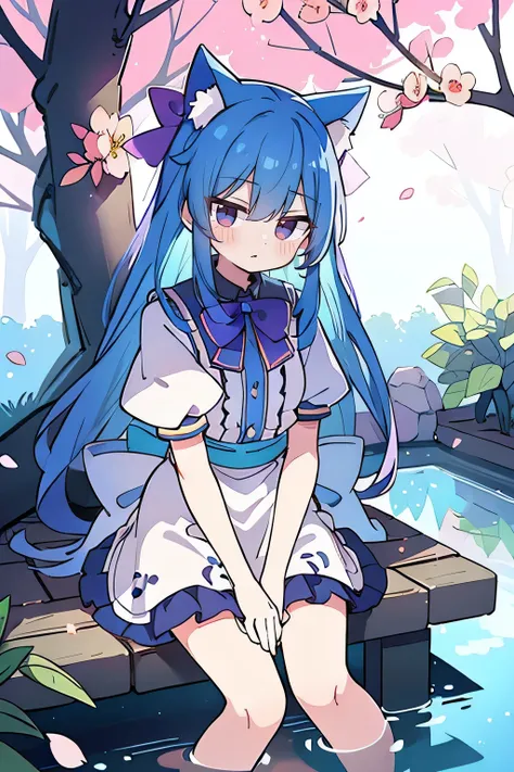 (masterpiece:1.2),ultra-detailed,realistic,expressive eyes,fair-skinned,perfectly shaped face,1girl,
Japanese cartoons,Gorgeous blue hair, flowing blue hair,floating clothes,cat ears,petals falling,beautiful Lola,Hina Angel,
hands on waist,gracefully sitti...