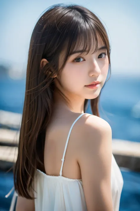 Young Japanese woman, 20s, background is the sea, simple background, white brown hair, slender, 4K, 8K medium, high resolution, beautiful woman, beautiful eyes, simple, high resolution, alone, beautiful skin, beautiful skin, camisole