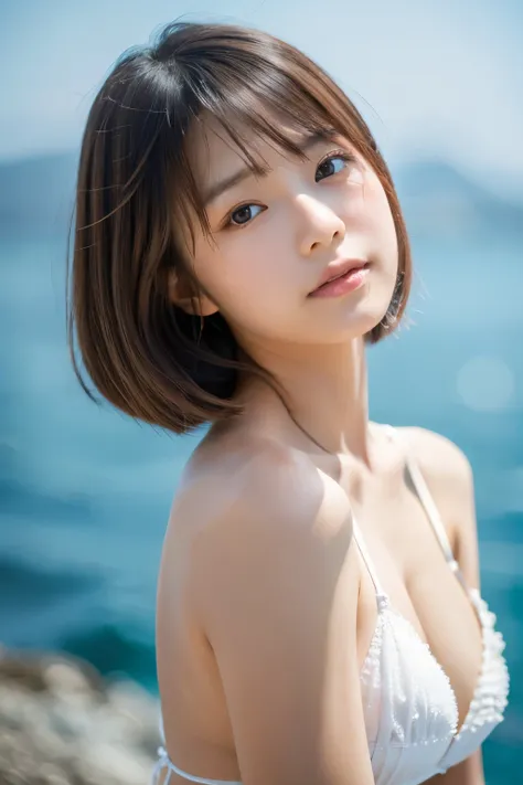 Young Japanese woman, 20s, background is the sea, swimsuit, simple background, white brown hair, slender, 4K, 8K medium, high resolution, beautiful woman, beautiful eyes, simple, high resolution, alone, beautiful skin, beautiful skin ,