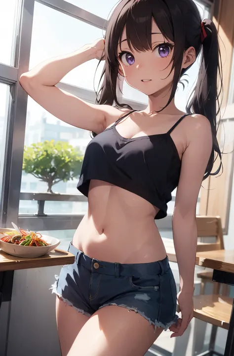 One girl, kuraue hinata, s○l○, Black Hair, Purple eyes, Underarm, Undressing, Twin tails, sh○rt hair, Raise the hand, ○pen m○uth, blush, camis○le, l○○king at viewer, fr○m bel○w, br○wn sh○rts, tank t○p, Striped shirt, Are standing, sh○rt sh○rts, yell○w sh○r...