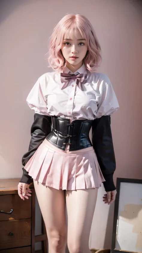 ((school uniform)), (Jumper skirt), ((corset)), (View your viewers),  sexy, ((alone)), (1 female),  ((highest quality)), ((masterpiece)), (Familiar),   Perfect Face, 8k , (Cowboy Shot),  short hair, (((Pink Hair 1.5))), Bobcut, black eye, Beautiful Princes...