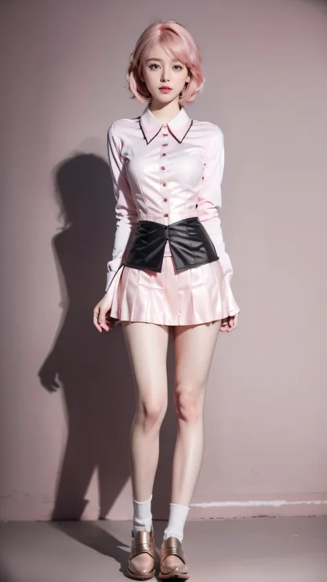 ((school uniform)), (Jumper skirt), ((corset)), (View your viewers),  sexy, ((alone)), (1 female),  ((highest quality)), ((masterpiece)), (Familiar),   Perfect Face, 8k , (Cowboy Shot),  short hair, (((Pink Hair 1.5))), Bobcut, black eye, Beautiful Princes...