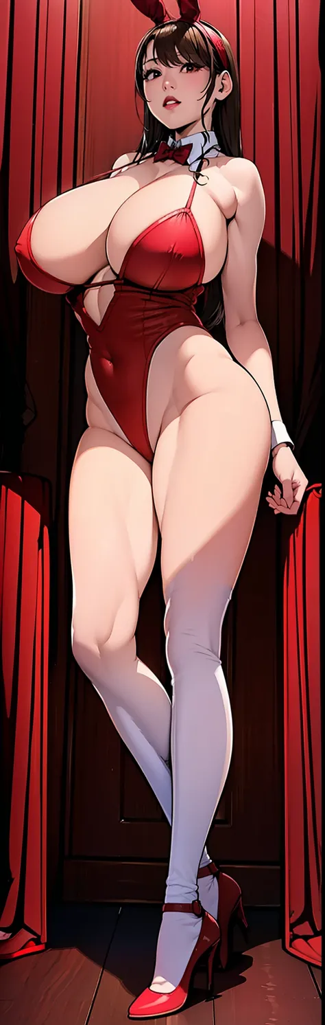 (masterpiece, highest quality:1.2), One Girl, alone, whole body, Big Breasts,, Brown Hair,Big Breasts, Brown eyes, Mature Woman, blush, , Bunny ears headband, Knee socks, ((Wearing red high heels))