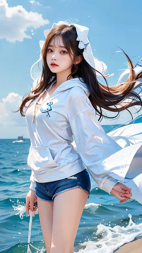 In the clear blue sea、Wearing a white hoodie fluttering in the wind、A woman wearing shorts、standing on the waves。Her hair is long、Shine white、Swaying in the waves。Red eyes