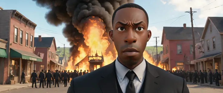 Pixar animation of , shawt , a black man ,in a black suit ,standing towards tthe camera ,in a small town with chaos all around him everywhere h,fire, riots, motion blur (text:"shawt sanders mynded!")