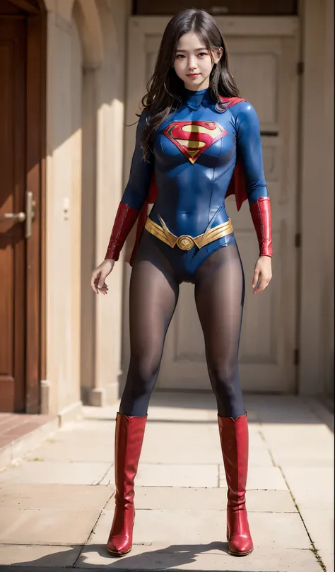No background、(((Beautiful legs in black tights.)))、(((Legally express the beauty of your smile)))、((((Make the most of your original images)))、(((Supergirl Costume)))、(((Beautiful Hair)))、(((suffering)))、(((Please wear black tights....、Wear red boots)))、(...