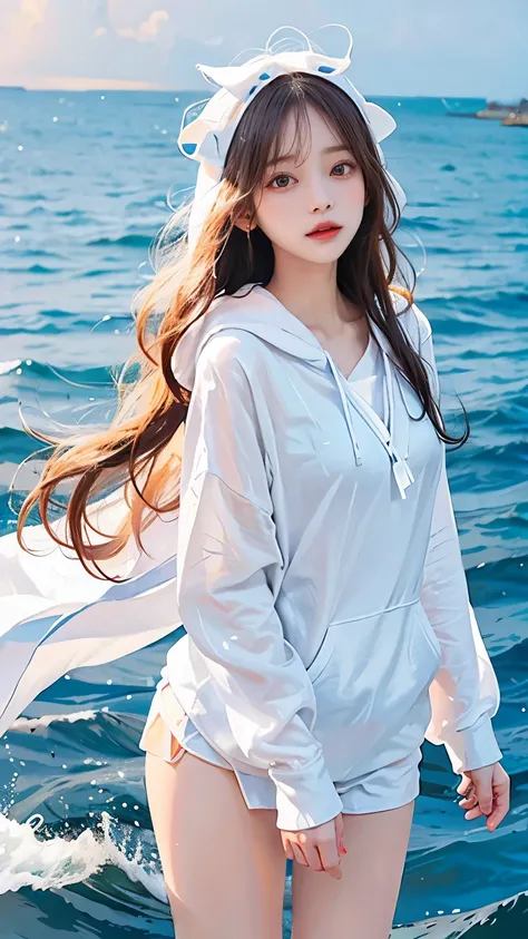 In the clear blue sea、Wearing a white hoodie fluttering in the wind、A woman wearing shorts、standing on the waves。Her hair is long、Shine white、Swaying in the waves。Red eyes