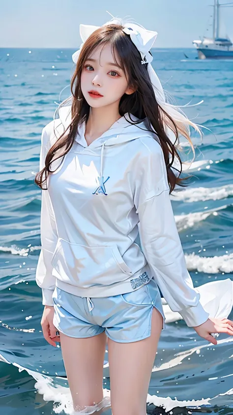 In the clear blue sea、Wearing a white hoodie fluttering in the wind、A woman wearing shorts、standing on the waves。Her hair is long、Shine white、Swaying in the waves。Red eyes