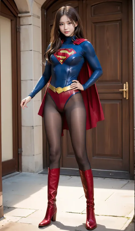 No background、(((Beautiful legs in black tights.)))、(((Legally express the beauty of your smile)))、((((Make the most of your original images)))、(((Supergirl Costume)))、(((Beautiful Hair)))、(((suffering)))、(((Please wear black tights....、Wear red boots)))、(...