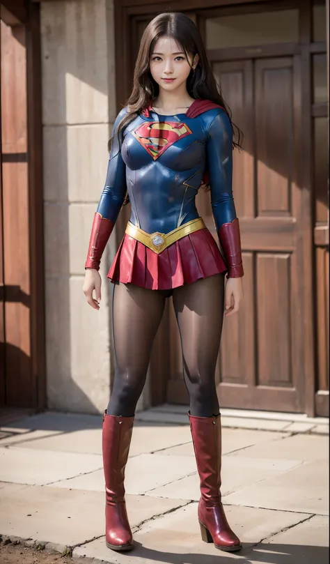 No background、(((Beautiful legs in black tights.)))、(((Legally express the beauty of your smile)))、((((Make the most of your original images)))、(((Supergirl Costume)))、(((Beautiful Hair)))、(((suffering)))、(((Please wear black tights....、Wear red boots)))、(...