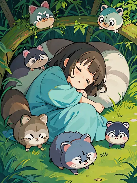 hayao miyazaki style, Kawaii Design, The most beautiful girl of all time、Chibi, Totoro、sleeping together、Lots of cute raccoons、Playing with raccoon dogs、Totoro Forest