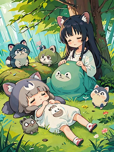 hayao miyazaki style, Kawaii Design, The most beautiful girl of all time、Chibi, Totoro、sleeping together、Lots of cute raccoons、Playing with raccoon dogs、Totoro Forest