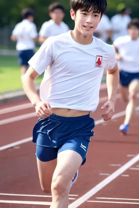 A cute, handsome high school boy from the Japanese track and field club is running with everyone, covered in sweat and bulging.