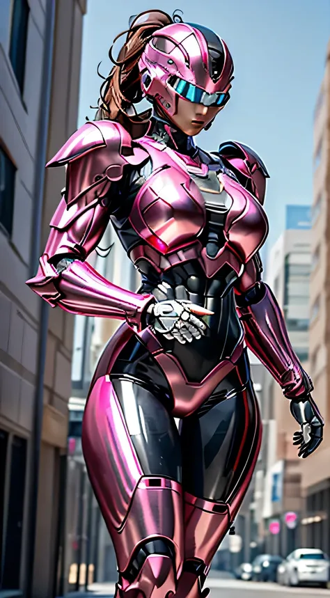 Female Robocop Solo、Bright outdoors、strong light source、8K, high quality, masterpiece, 最high quality、Very detailed、Armor that completely covers the whole body、Very large armor、Helmet covering the head、Clear photos、The eyes are hidden by thin, straight gogg...