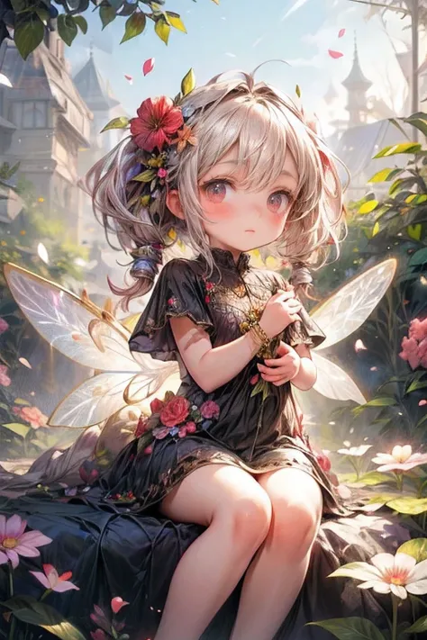 (best quality, realistic:1.37, ultra-detailed), cute girl(chibi:1.5) a fairy of bees, sitting on top of a flower, delicate bees wings, bright and vibrant flowers, soft and glowing light, magical atmosphere, pollen floating in the air, intricate patterns on...