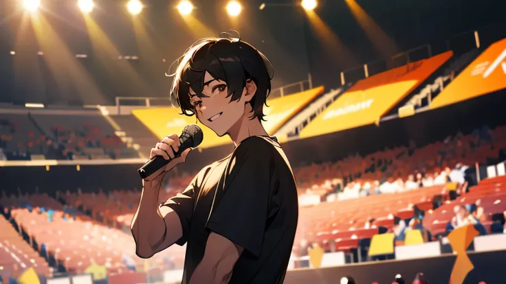 best quality, detailed, exquisite, beautiful, male, arena, grateful, proud, hopeful, smiling, looking at viewer, short hair, black hair, brown eyes, eyes closed, medium skin, stocky, t-shirt, with a microphone, 30-year-old, on stage, in the stadium, cel an...