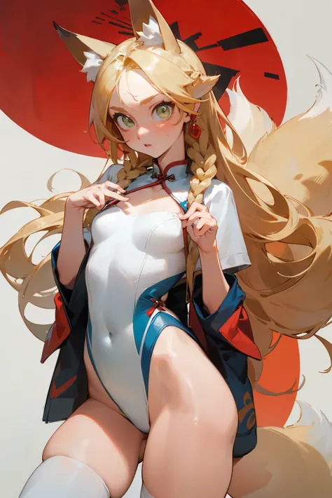 (masterpiece, best quality) detailed, Wearing white tights, Blonde ,elegant, (Fox ears)，Red Eyeshadow, ，Chinese element pattern，thigh，漏出thigh，White shirt，Deep V one-piece swimsuit，