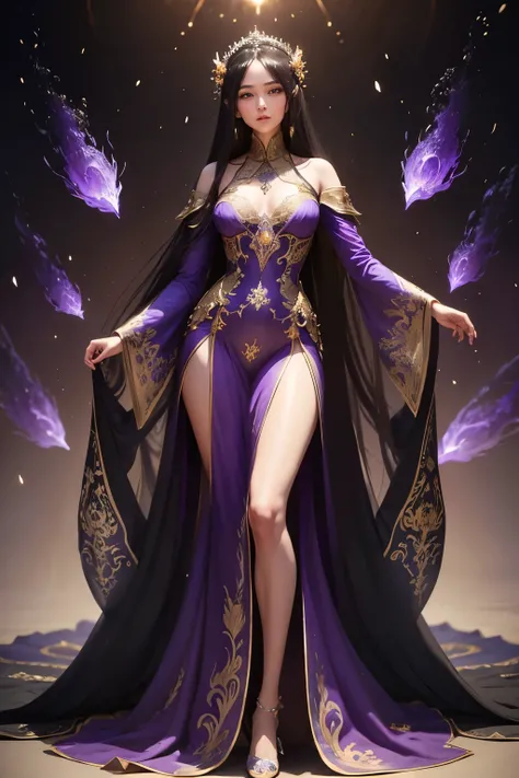 (Best quality, masterpiece), 1matured beautiful lady, slim, noble pose, particles, wind, flower, whole body, simple background, looking at the audience, caucasian with black long straight hair, milky way, aesthetic, magnificent, ancient emperial purple wed...