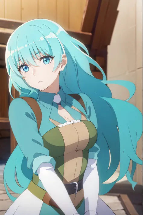 aqua hair, medium hair, blue eyes,